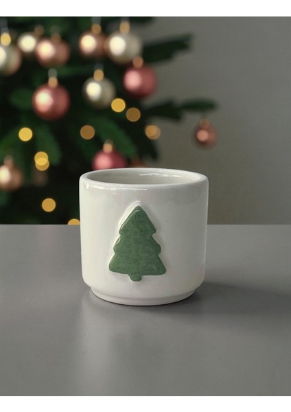 El Yapımı Yılbaşı Ağaçlı Seramik Kupa - Minimal Yeni Yıl Temalı Kahve Kupası