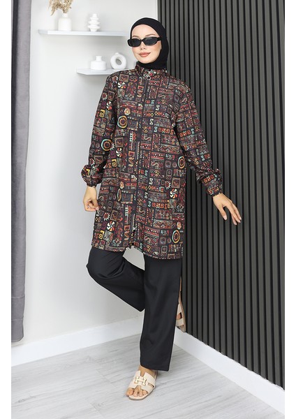Tesettür Mayo Etnik Desen 3 Lü Takım 1903-05 Kahverengi