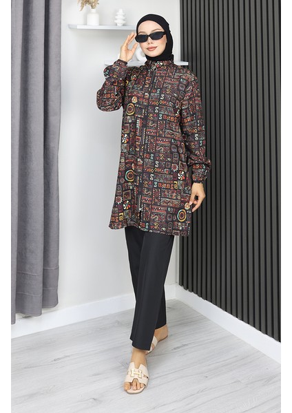 Tesettür Mayo Etnik Desen 3 Lü Takım 1903-05 Kahverengi modelleri