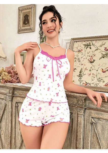 Kadın Beyaz Gül ve Vişne Desenli Şortlu Gecelik Takım 5113 fiyatları