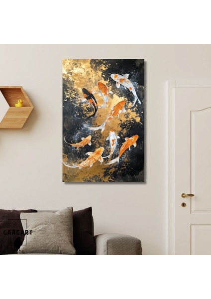Tekli Dikey Kanvas Tablo Japon Koi Sazan Balığı Sürüsü