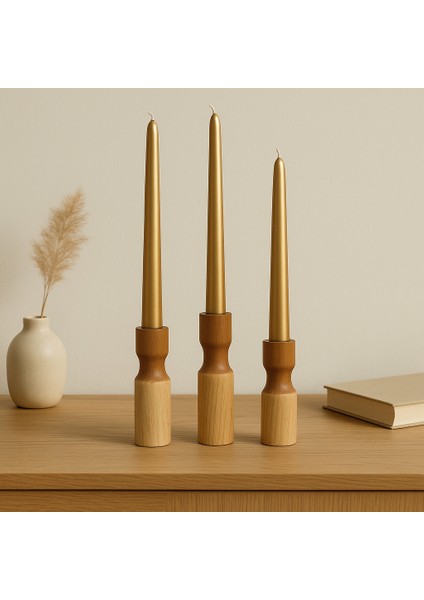3’lü Doğal Ahşap Şamdan Mumluk Seti – Mumlar Dahildir