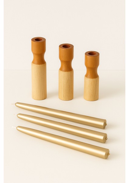 3’lü Doğal Ahşap Şamdan Mumluk Seti – Mumlar Dahildir fırsatları