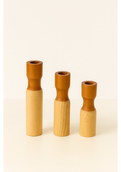 3’lü Doğal Ahşap Şamdan Mumluk Seti – Mumlar Dahildir