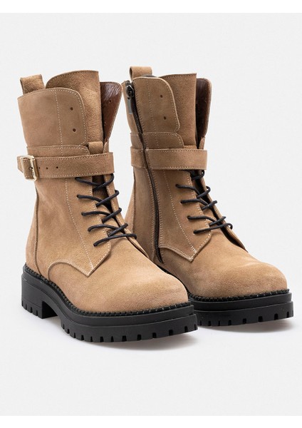 Bej Fermuarlı Bağcıklı Hakiki Süet Deri Kadın Bot