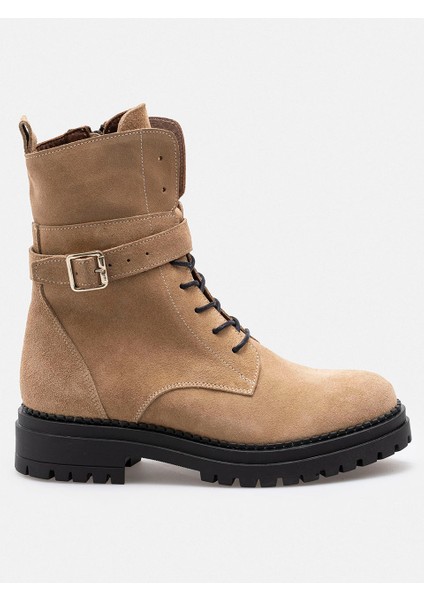 Bej Fermuarlı Bağcıklı Hakiki Süet Deri Kadın Bot fiyatları
