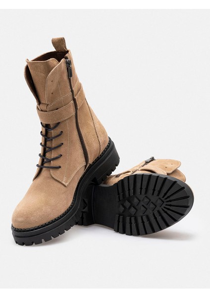 Bej Fermuarlı Bağcıklı Hakiki Süet Deri Kadın Bot modelleri