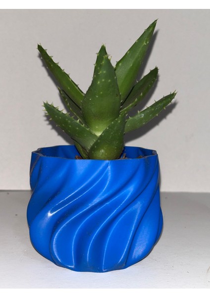 Dalga Desenli Mini Saksı – 3D Baskı Parlak Mavi Dekoratif Saksı