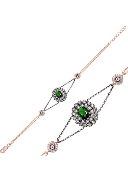 925 Ayar Gümüş Rose Yeşil Taşlı Otantik Bileklik BR0460470 (770770)