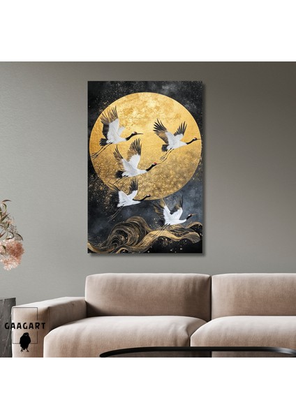 Tekli Dikey Kanvas Tablo Yağlı Boya Görünümlü Gold Ay ve Leylekler
