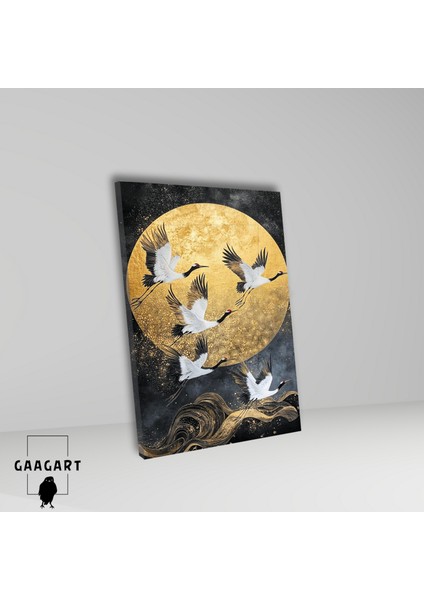 Tekli Dikey Kanvas Tablo Yağlı Boya Görünümlü Gold Ay ve Leylekler fiyatları