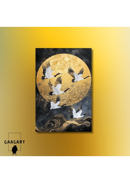 Tekli Dikey Kanvas Tablo Yağlı Boya Görünümlü Gold Ay ve Leylekler modelleri