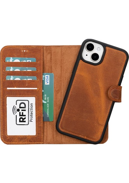 Apple iPhone 15 Plus Uyumlu Deri Cüzdanlı Kılıf Mwwn G19 Taba