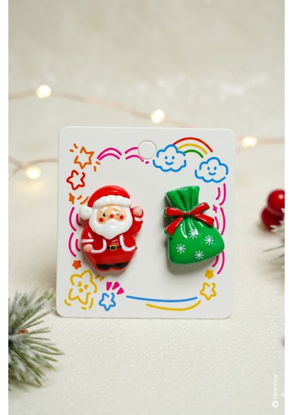 2'li Yılbaşı Küpesi Yılbaşı Konseptli Santa ve Hediye Paketi Küpe