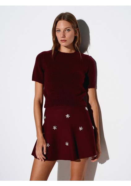 10651 Yün Karışımlı Kısa Kollu Triko Kazak-Bordo