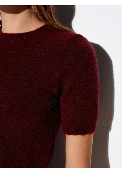 10651 Yün Karışımlı Kısa Kollu Triko Kazak-Bordo fırsatları