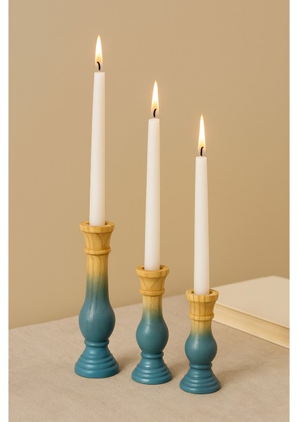 3’lü El Boyaması Mavi Gri Geçişli Ahşap Şamdan Mumluk Seti – Mumlar Dahildir