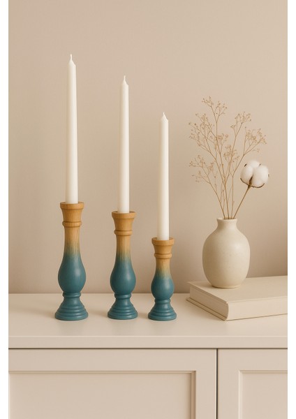 3’lü El Boyaması Mavi Gri Geçişli Ahşap Şamdan Mumluk Seti – Mumlar Dahildir fiyatları