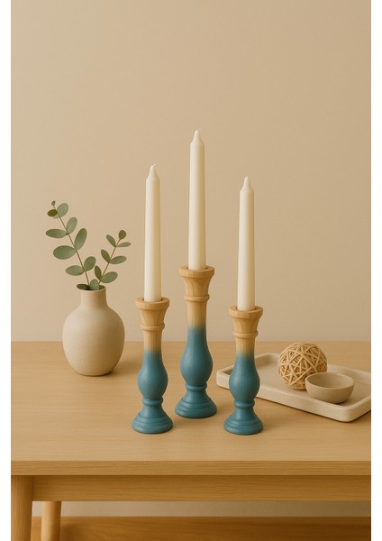 3’lü El Boyaması Mavi Gri Geçişli Ahşap Şamdan Mumluk Seti – Mumlar Dahildir modelleri