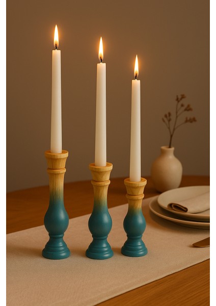 3’lü El Boyaması Mavi Gri Geçişli Ahşap Şamdan Mumluk Seti – Mumlar Dahildir fırsatları
