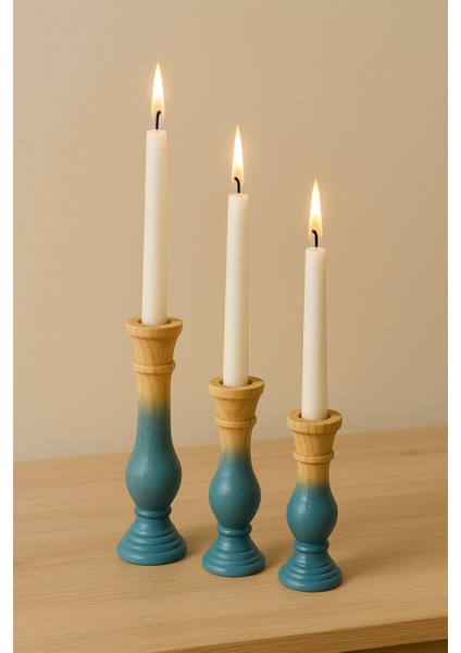 3’lü El Boyaması Mavi Gri Geçişli Ahşap Şamdan Mumluk Seti – Mumlar Dahildir indirimleri