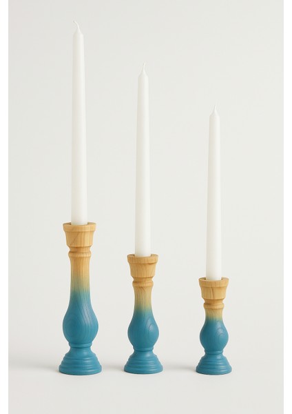 3’lü El Boyaması Mavi Gri Geçişli Ahşap Şamdan Mumluk Seti – Mumlar Dahildir