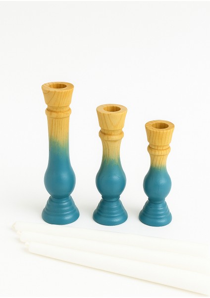 3’lü El Boyaması Mavi Gri Geçişli Ahşap Şamdan Mumluk Seti – Mumlar Dahildir