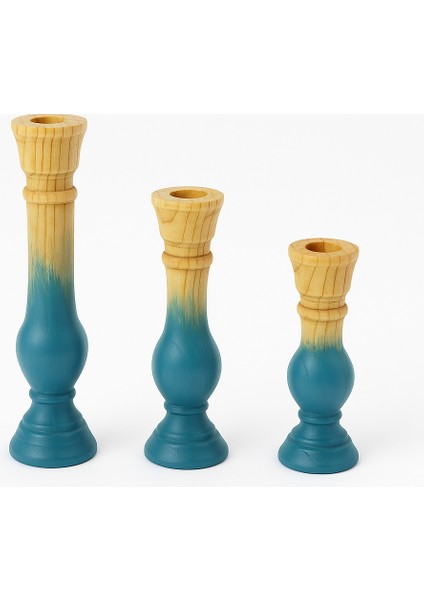 3’lü El Boyaması Mavi Gri Geçişli Ahşap Şamdan Mumluk Seti – Mumlar Dahildir