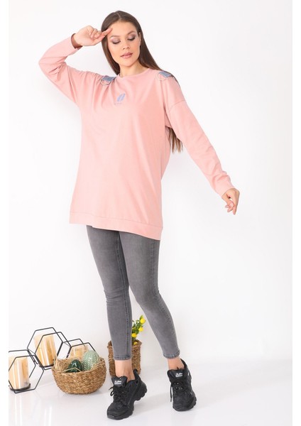 Sırtında Çanta Detaylı Salaş Tasarım Pudra Renk Tunik