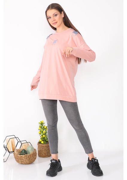 Sırtında Çanta Detaylı Salaş Tasarım Pudra Renk Tunik modelleri