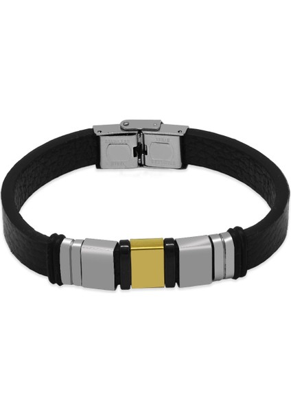 Siyah Deri ve Çelik Bileşim Üç Plakalı Isme Özel Harf Yazılı Erkek Bileklik fiyatları