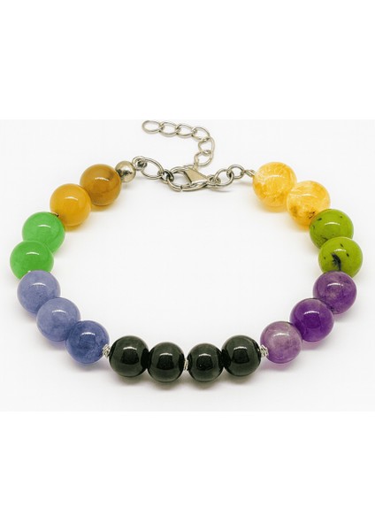 Gümüş Renk Kararmaz Metal Zincirli Küre Kesim Çoklu Doğaltaş Kombinli Erkek Şifa Bilekliği