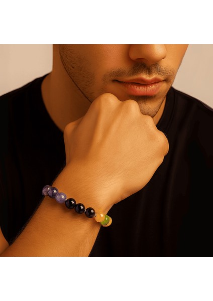 Gümüş Renk Kararmaz Metal Zincirli Küre Kesim Çoklu Doğaltaş Kombinli Erkek Şifa Bilekliği modelleri