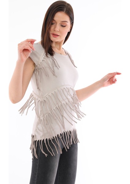 Viskon Kumaş Taş Rengi Yazlık Püskül Detaylı Kadın Bluz modelleri