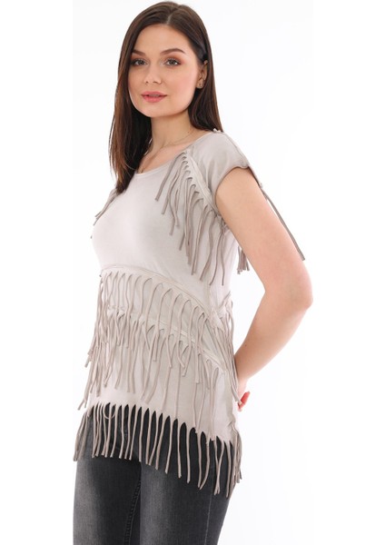 Viskon Kumaş Taş Rengi Yazlık Püskül Detaylı Kadın Bluz fırsatları