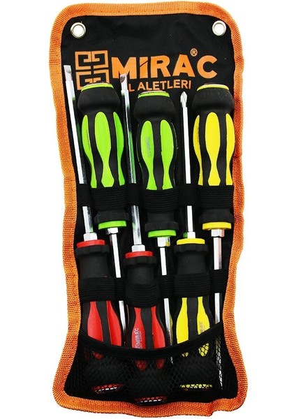 Bez Çantalı Renkli - Kauçuk Kaplama Saplı Darbeli 6lı Set Çift Taraflı Tornavida Takımı (5047)