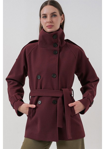 Kadın Kuşaklı Kaşe Kaban 9162 - Bordo