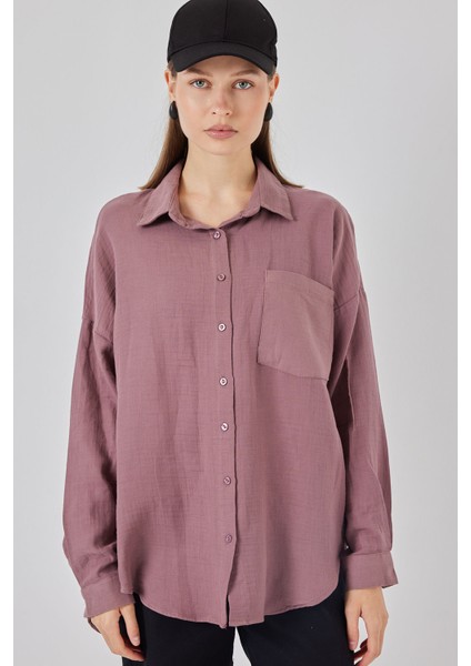 Kadın Tek Cepli Oversize Müslin Gömlek 20353 - Koyu Lila fiyatları