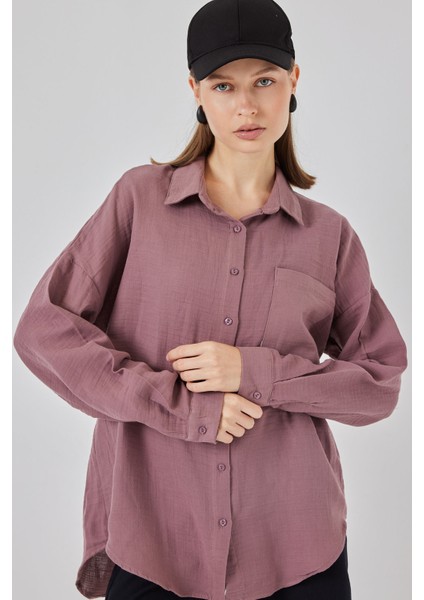 Kadın Tek Cepli Oversize Müslin Gömlek 20353 - Koyu Lila fırsatları