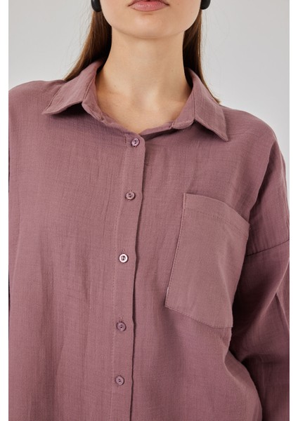 Kadın Tek Cepli Oversize Müslin Gömlek 20353 - Koyu Lila indirimleri