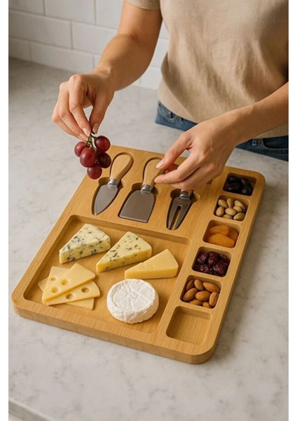 3 Bıçaklı 7 Bölmeli Bambu Kahvaltı Peynir Kesim ve Sunum Tahtası M-3072 fiyatları