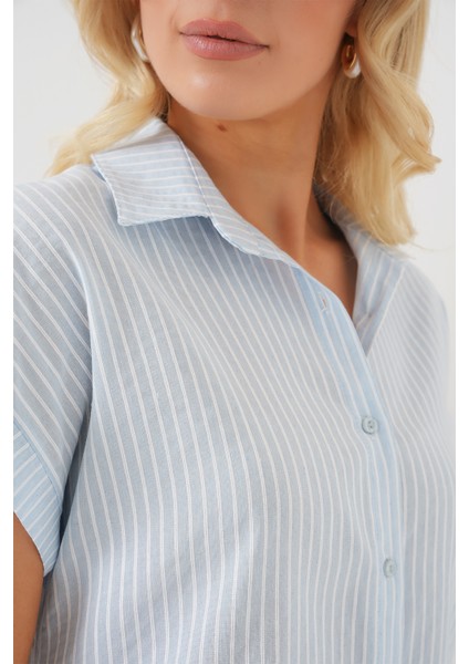 Kadın Çizgili Kısa Kol Gömlek 20354 - Açık Mavi modelleri