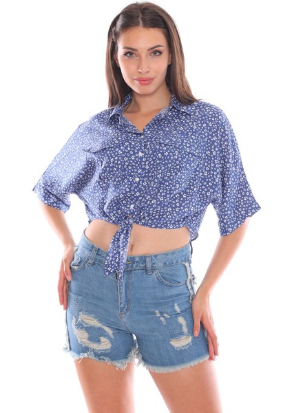 Önden Bağlamalı Mavi Salaş Kadın Gömlek