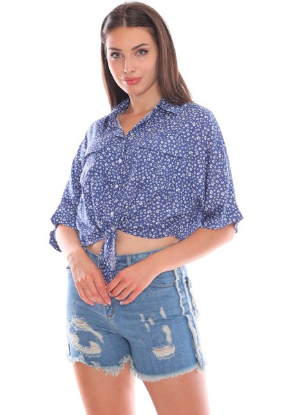 Önden Bağlamalı Mavi Salaş Kadın Gömlek fiyatları