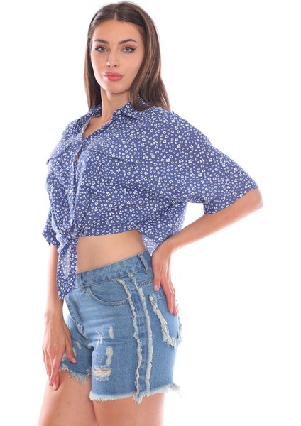 Önden Bağlamalı Mavi Salaş Kadın Gömlek modelleri