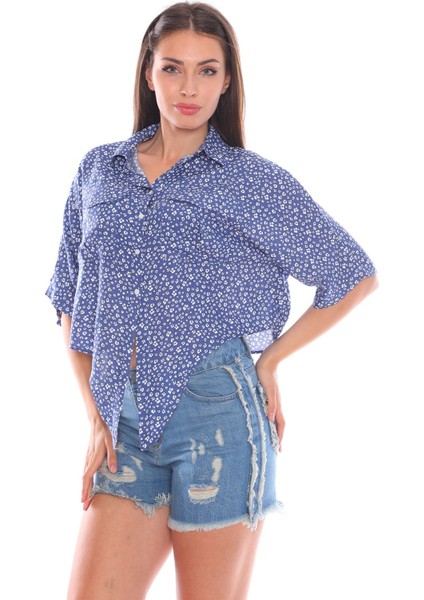 Önden Bağlamalı Mavi Salaş Kadın Gömlek fırsatları