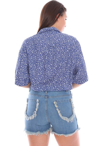 Önden Bağlamalı Mavi Salaş Kadın Gömlek indirimleri