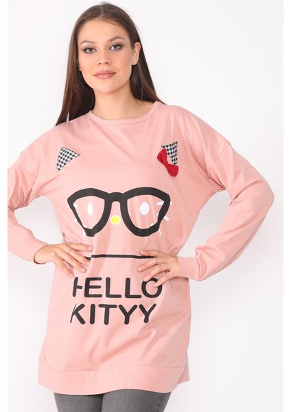 Karakter Baskılı Salaş Tasarım Pudra Uzun Kadın Sweatshirt