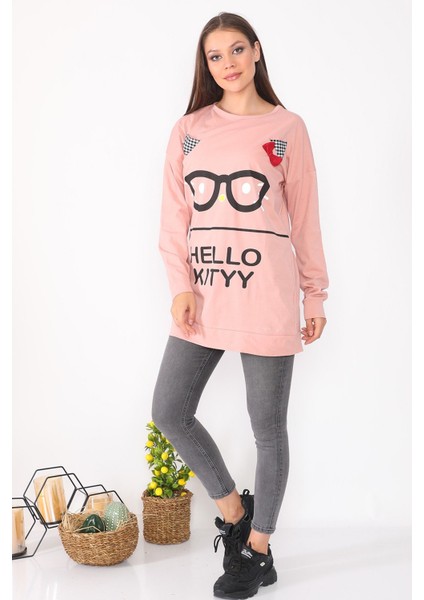 Karakter Baskılı Salaş Tasarım Pudra Uzun Kadın Sweatshirt fiyatları