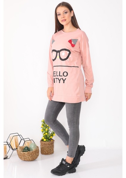 Karakter Baskılı Salaş Tasarım Pudra Uzun Kadın Sweatshirt modelleri